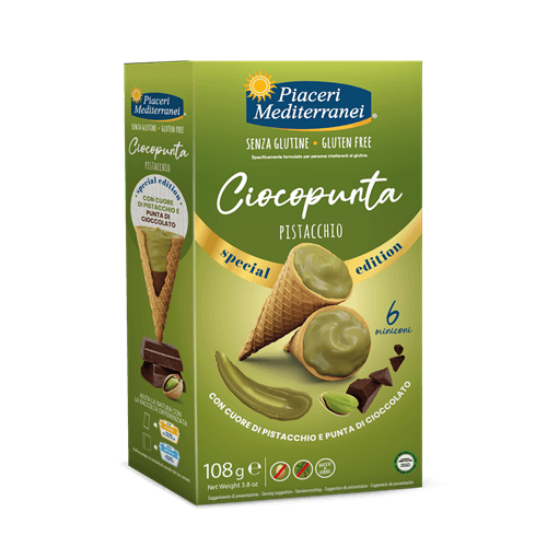 Ciocopunta-pistacchio Conuri fara gluten cu ciocolata si crema de fistic, Piaceri Mediterranei 108g - imagine 1